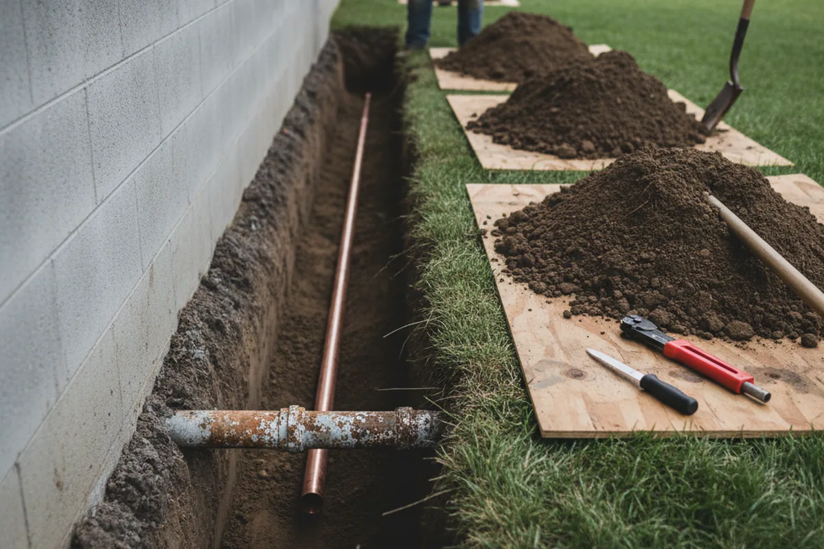 Excavated water line trench during Water Softener Installation in Millstone